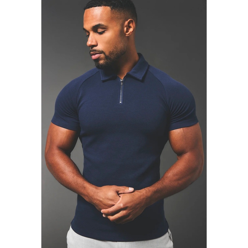 Tailored Athlete Mens Zip Neck Polo Shirt Navy Blue Muscle Fit Short Sleeve M